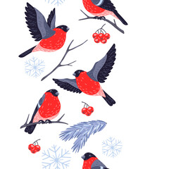 Winter seamless pattern with birds bullfinches and plants. Merry Christmas and Happy New Year card.