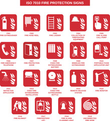 set of iso 7010 fire protection signs on white background