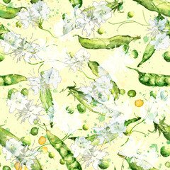 Watercolor seamless pattern. With floral print, green peas, beans, beans. Vintage background for design. beautiful paint splash.
Beautiful peas, blooming garden. Flowering beans.
