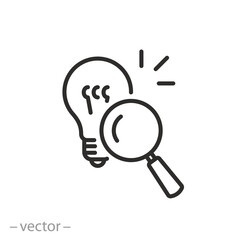 idea search icon, magnifier with light bulb, creative vision, thin line symbol on white background - editable stroke vector illustration eps10