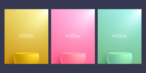 Set of realistic colorful abstract 3D room with yellow, soft bright blue and pink stand or podium
