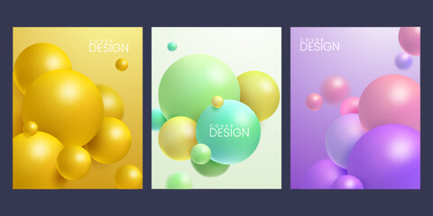 Modern cover design with dynamic colorful bouncing balls. abstract 3d spheres background