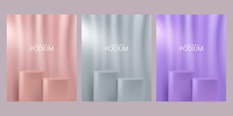Modern pink grey purple cylinder pedestal podium, abstract empty room with curtains decorate