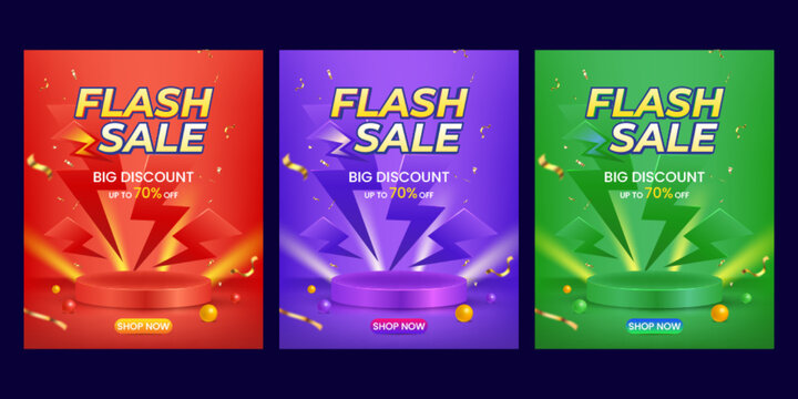 Flash sale online shopping red orange blue green banner with podium for social media post