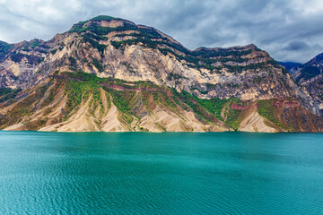 Picturesque turquoise lake in the Caucasus mountains.
