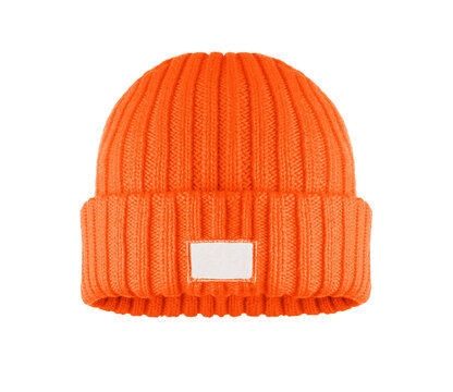 Cotton winter hat with label isolated on a white background
