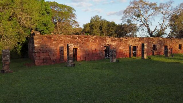 Front walls of the stone houses at the San Ignacio Jesuit mission ruins in Northern Argentina Aerial video
