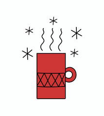 Red mug with hot drink. Icon, badge. Vector illustration. Graphic print. The background is isolated.