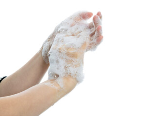 Woman washing hands on white background
