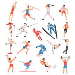 Professional Man Athlete and Sportsman Engaged in Sport Action Training Body Big Vector Set