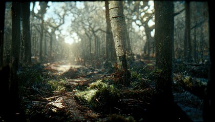 Obraz premium Realistic woods landscape 3D illustration with copy space and high trees and vast environment