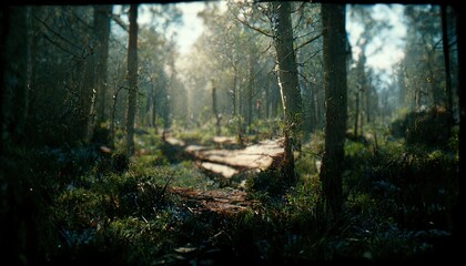 Obraz premium Realistic woods landscape 3D illustration with copy space and high trees and vast environment