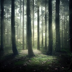 Obraz premium Realistic woods landscape 3D illustration with copy space and high trees and vast environment 