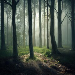 Realistic woods landscape 3D illustration with copy space and high trees and vast environment 