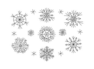 Set of doodle snowflakes. New Year's Christmas decor. Winter vector illustration, white isolated background.