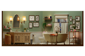 Cute cartoon bathroom interior ortographic  3D render.