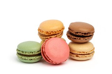 Variations of colorful macaroons isolated on white background