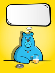 Depressed blue bear sitting at the table and drinking beer with empty speech bubble on yellow background.