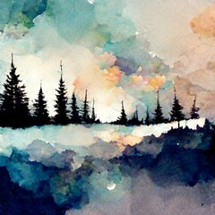 Forest silhouette background. Watercolor painting of a spruce forest