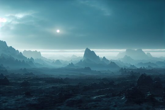 Alien planet fantasy wallpaper landscape 3D illustration with copy space
