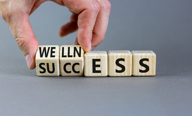 Wellness for success symbol. Concept words Wellness and Success on wooden cubes. Businessman hand. Beautiful grey table grey background. Business wellness for success concept. Copy space.