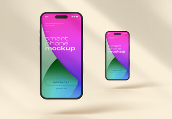 Floating Smartphone Mockup with Colorful UI Design on Soft Beige Background for Mobile App Presentation, UX/UI Showcases, and Modern Device Branding Concepts