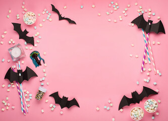 Halloween Paper Decorations on Pink Background. Halloween Holiday Card, Top view