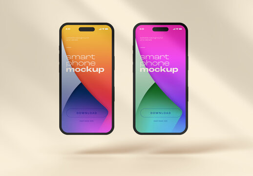 Two Smartphones Mockup with Colorful Screens on Beige Soft Background for Mobile App Presentation, UI/UX Design Showcases and Branding Concepts