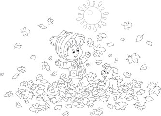 Little boy and his merry pup jumping and playing with fallen leaves in an autumn park on a beautiful sunny day, black and white outline vector cartoon illustration for a coloring book page