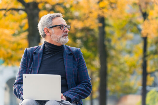 Office break concept. Good-looking elegant caucasian gray-haired male architect in his 60s sitting at park during beautiful autumn day and working on his wireless laptop. High quality photo
