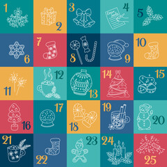 Advent calendar. Funny Christmas doodles. Xmas numbers from 1 to 25. Vector illustration of holiday hand drawn design elements tree, holly, jingle bells. Traditional december countdown calendar
