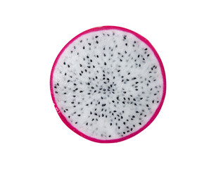 Closeup of a half pitaya or pitahaya or dragon fruit isolated on white background with clipping path. Cut with cross section, top view