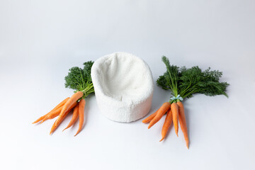 the chair is decorated with carrots. basket for a newborn photo shoot. background for a photo shoot	