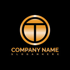 simple initial t letter  logo template vector with golden color shadow circle.