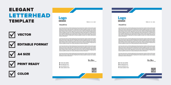 modern letterhead template for business company stationery design with A4 sheet vector format and editable layout in yellow and blue color