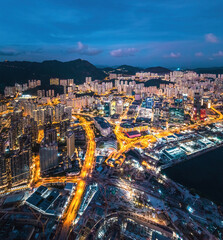 Epic aerial view of the great construction site in Kai Tak, Kowloon, Hong Kong
