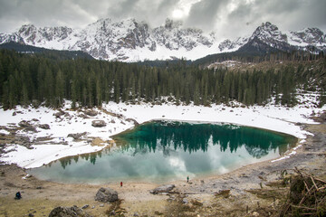 Fototapeta na wymiar Karersee lake and Dolomites in the morning, Italy