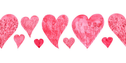 Hearts for Valentine's Day on a seamless border. The hand-painted illustration is isolated on a white background. Watercolor hearts with floral print on an endless pattern. Symbols of love.