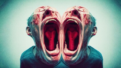 Symmetric mirrored illustration of a person screaming in pain and agony