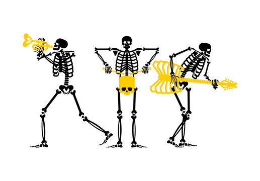 Skeletons rock band. Skeleton and guitar. Dead man and drum. Skeleton and trumpet