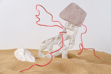 Horizontal studio shot of modern installation of weird white gypsum objects and red wire in sand, environment problems concept