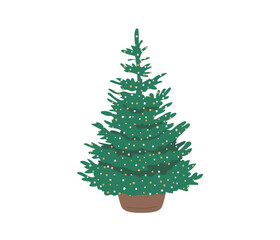 Potted Christmas tree with lights isolated on the white background. Flat vector illustration