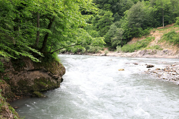 Landscape of Belaya river in granite gorge