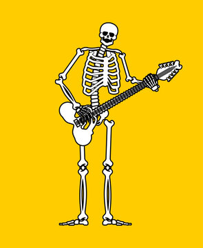 Skeleton with guitar. Skeleton musician. Electric guitar and dead man. Vector illustration