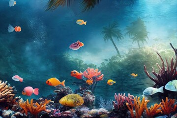 Fototapeta na wymiar Stunning view from the bottom of the lagoon, beautiful underwater sea life. AI generated is not based on any real image or characters
