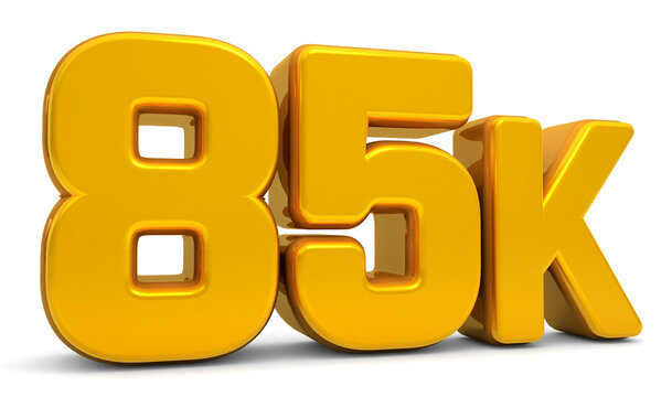 Golden 85K isolated on white background. 85k 3d. Thank you for 85k followers 3D gold. 3D rendering