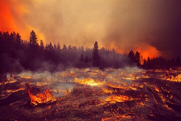 Burning forest, ai generated photorealistic illustration, is not based on any real image 