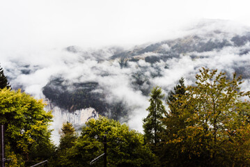 Cloudy mountain views in Wengen Switzerland. 
