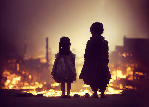 painting of a two children watching over their burned down hometown, mixed digital illustration and matte painting for political warzones concepts