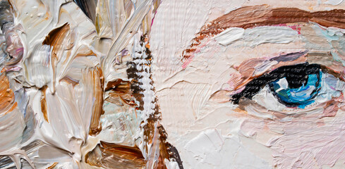 Young girl with beautiful mysterious blue eyes on a white background. Primary colors: white, brown, grey, pink.